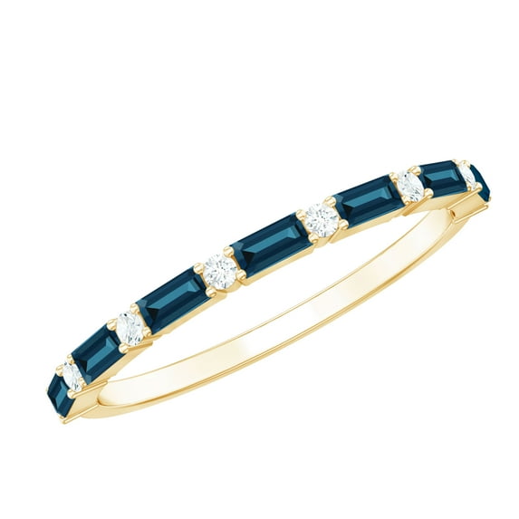 Rosec Jewels Baguette London Blue Topaz Half Eternity Ring (AAA Grade) - Real Blue Topaz Diamond Ring for 4th Anniversary, 14K Yellow Gold, US 9.00