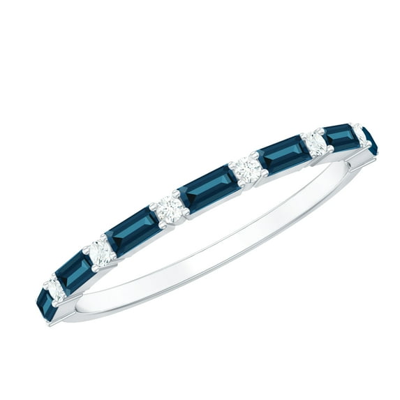 Rosec Jewels Baguette London Blue Topaz Half Eternity Ring (AAA Grade) - Real Blue Topaz Diamond Ring for 4th Anniversary, 18K White Gold, US 9.00