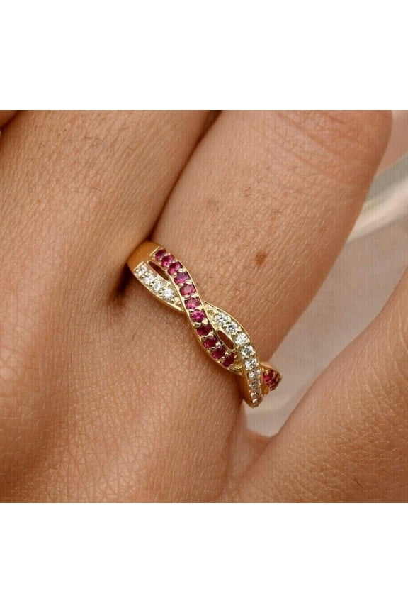 Half Eternity Twisted Rope Band Ring 14K Yellow Gold Plated 1Ct Round Cut Simulated Red Ruby - Size 5