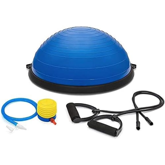 Half Exercise Balance Ball, Stability Trainer Balance Board with Resistance Bands, Half Yoga Ball Strength Training Fitness Equipment for Full Body Workout Pump and Aerobics Chart, Blue