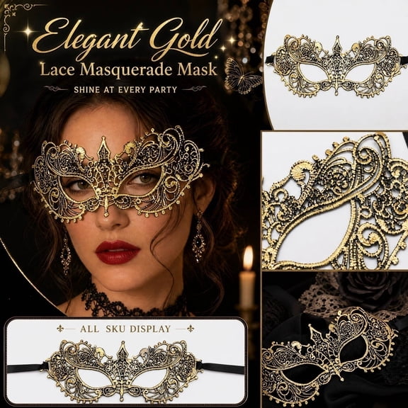 Half Eye Party Mask, Gold Masquerade Mask for Women, Lace Masquerade Mask, Vintage Masquerade Masks, for Halloween Carnival Events, 9X4.5 in Decorative Pointed Filigree Design
