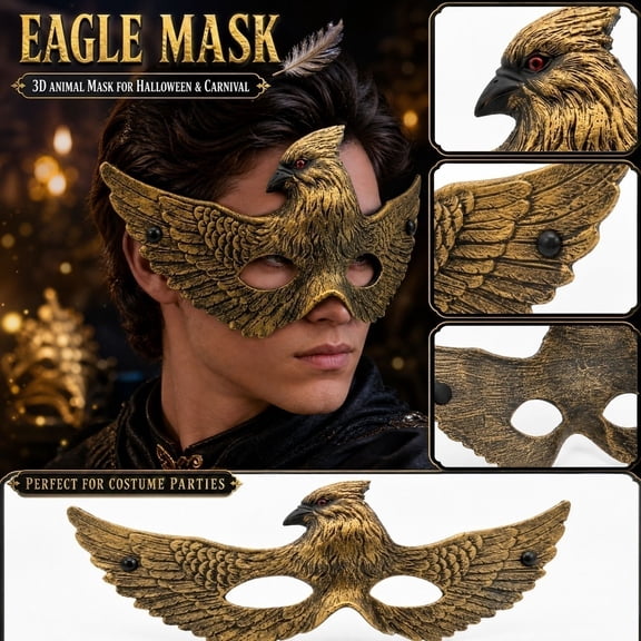 Half Face 3D Mask, Gold Masquerade Mask, Halloween Mask, Carnival Mask, Plastic 12X5 in Adult Size with Red Eye Detail, Vintage Antique Gold Finish for and Party Events