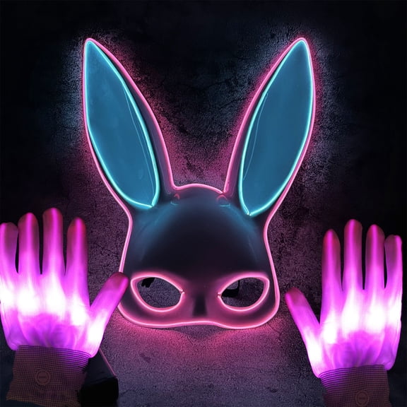 Half Face Rabbit Mask with LED,Light Up Bunny Ear Mask with Gloves,DJ Club LED Masks for Halloween Masquerade Party