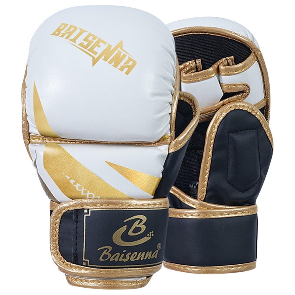 Half Finger Boxing Gloves Thickened Heavy Punching Bag Gloves Exercise Training PU Leather Sponge Gym Mitts Gloves(Adult White Gold)