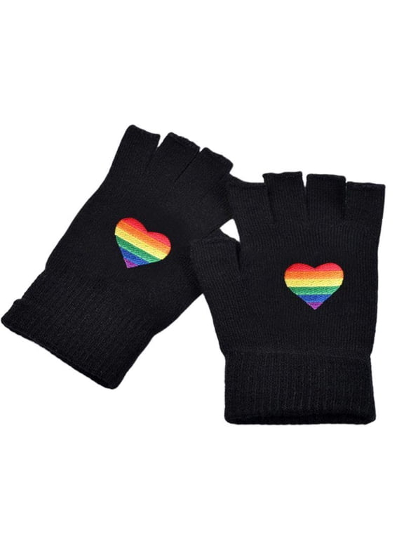 Half Finger Gloves for Unisex Winter Warm Wool Rainbow Heart Fingerless Mitten