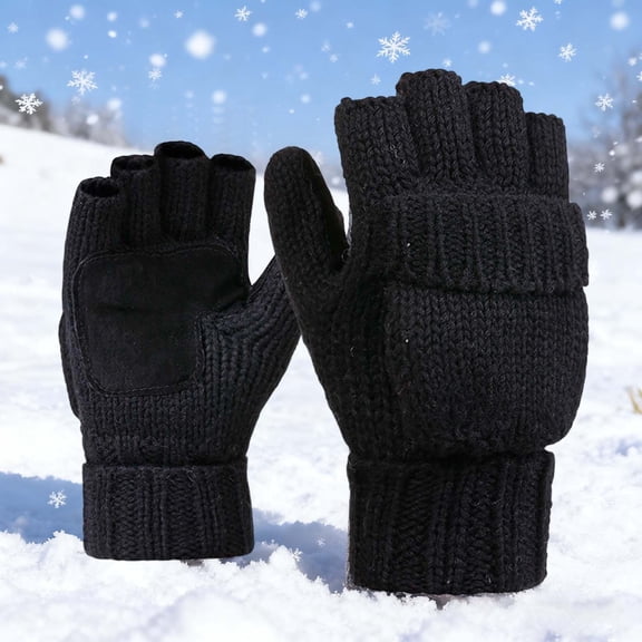Half-Finger Gloves with Mitten Cover Wool Blend Knitted Adult Gloves (Black One Size)