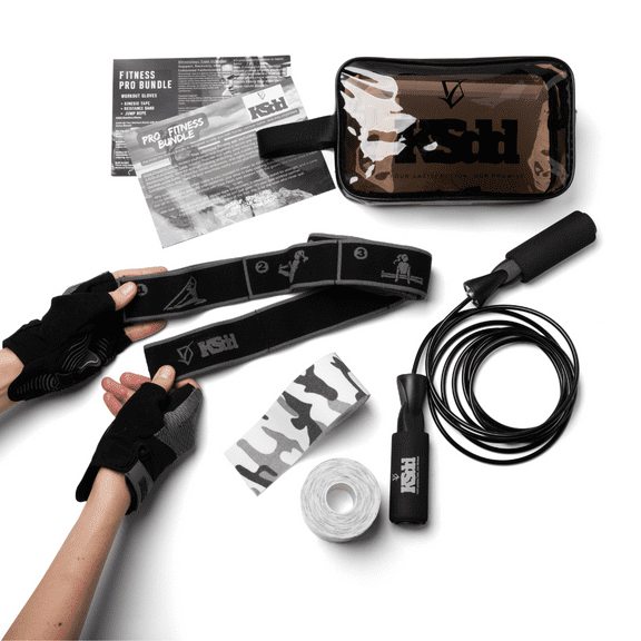 Unisex Half Finger Weightlifting Gloves with Resistance Band, Two Rolls Kinesio Tape, Jump Rope, and Carrying Case – Black & Gray