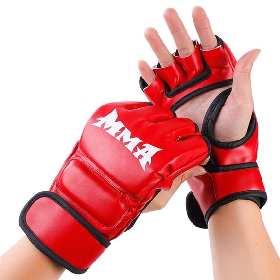 Half Finger MMA Boxing Gloves with Thickened Padding, Breathable Sanda Training Mitts for Kickboxing, Red