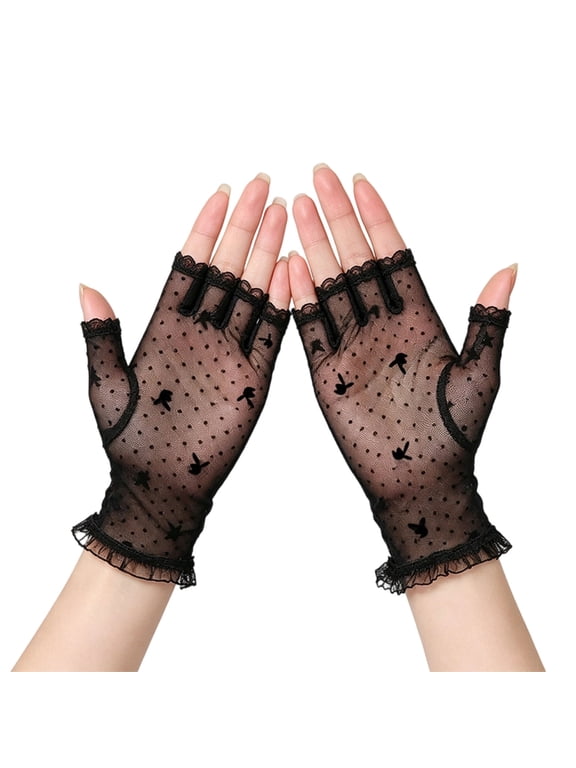 Half Finger Mesh Lace Gloves for Women Lightweight Fingerless Hand Cover with Ruffle Trim for Spring Weather Wear