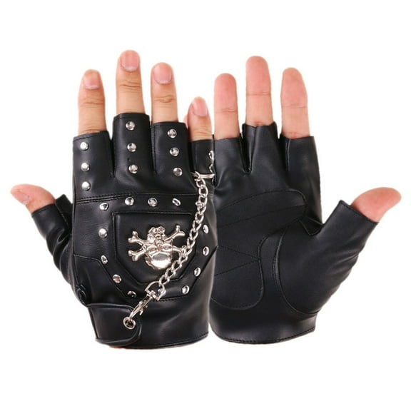 Half Finger Punk Rivets PU Leather Gloves Black Cycling Gloves with Metal Chain for Motorcycles Fingerless Dancing Mittens
