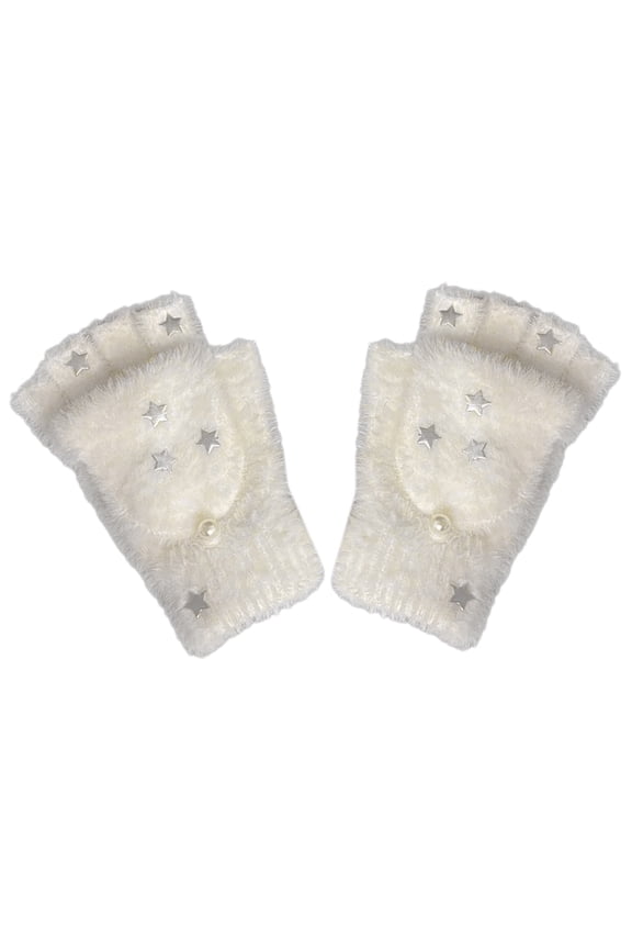 Half Finger Screentouch Gloves with Star Decors Soft Rabbits Furs Short Gloves for Students Girl Winter Daily Wear