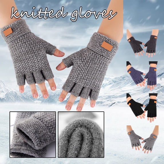 Half Finger Warm Knit Gloves Thickened Open Finger Outdoor Jacquard Design