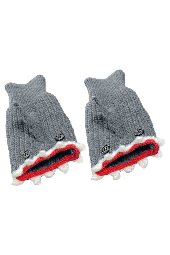 Half-Finger Winter Gloves, Cute Sharks Knit Warm Mittens with Thermal Insulation and Touchscreen Function, Outdoor Winter Gloves for Texting Driving Commuting