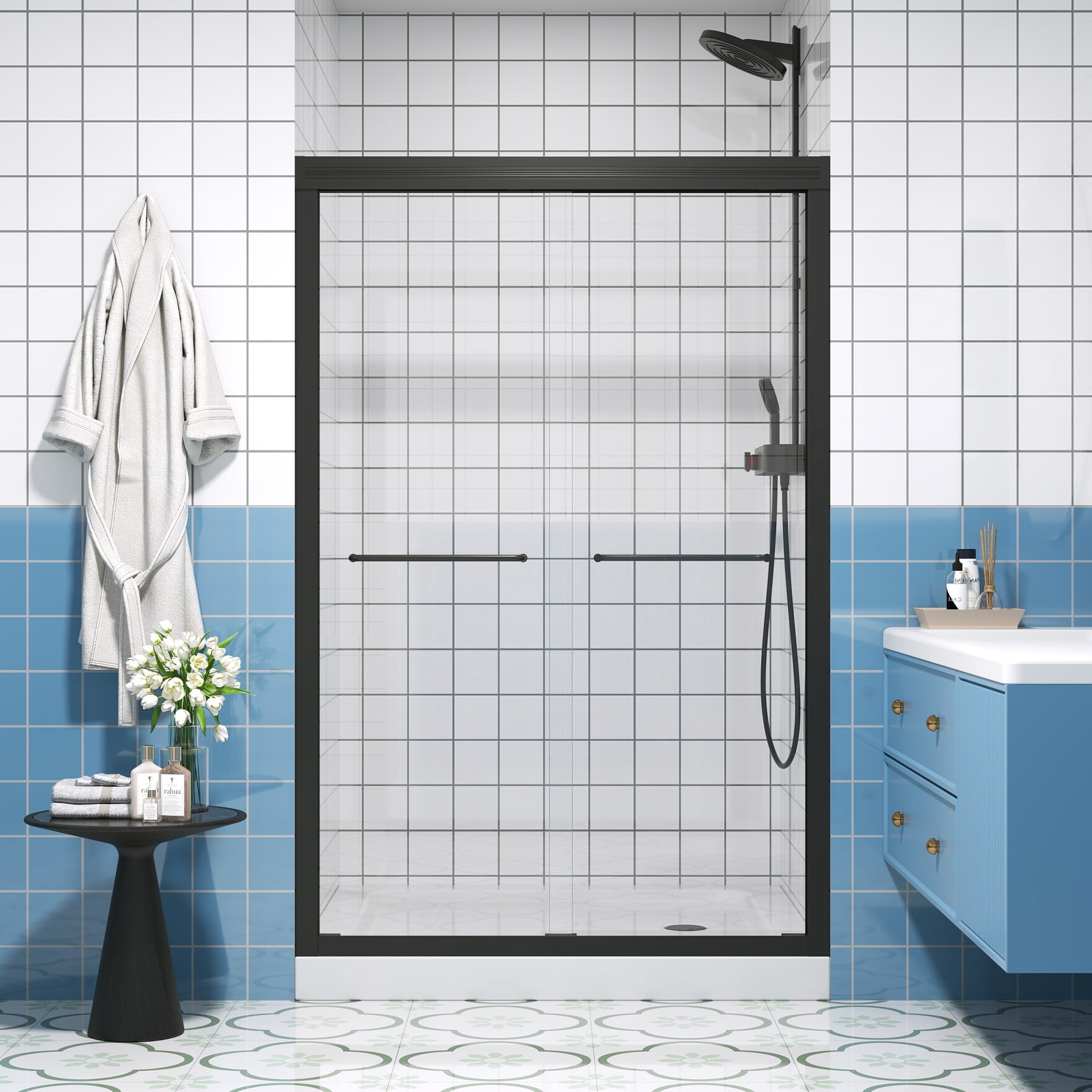 Half Frameless Double Sliding Glass Shower Door with Safety Explosion-Proof Film, 1/4 Inch Tempered Glass, Matte Black Finish, Adjustable 44-48 Inch Width by 72 Inch Height for Modern Bathrooms