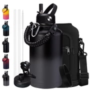 Half Gallon Insulated Water Bottle - 64 oz Stainless Steel Water Bottles with Straw Spout Lid, Paracord Handle, Shoulder Carrier Bag, Leak Proof BPA Free Water 