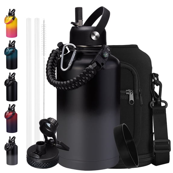 Half Gallon Insulated Water Bottle - 64 oz Stainless Steel Water Bottles with Straw Spout Lid, Paracord Handle, Shoulder Carrier Bag, Leak Proof BPA Free Water Flask Jug, Keep Cold-48H & Hot-24H
