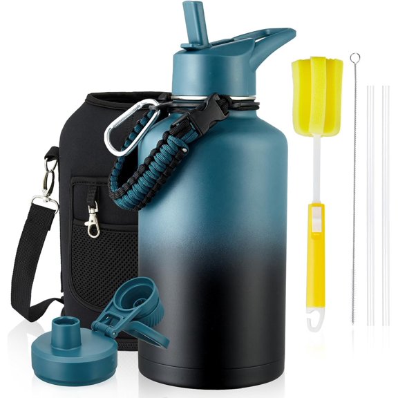 Half Gallon Insulated Water Bottle, 64 oz Triple Wall Stainless Steel Flask, Keeps Drinks Cold for 48 Hrs Leak-Proof & Half Gallon Jug with Paracord Handle, Straw & Spout (Indigo Black)
