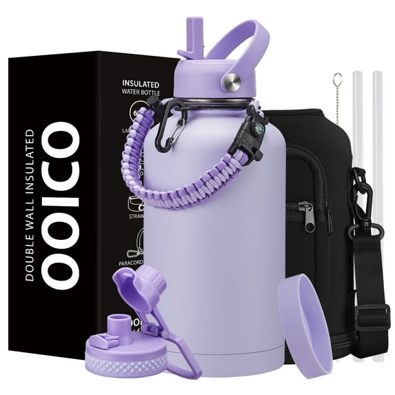 Half-Gallon Insulated Water Bottle 64oz - with Straw Spout Lids, Paracord Handle, Storage Carrier Bag, Vacuum Metal Stainless Steel Water Jug Cold-48H & Hot-24H