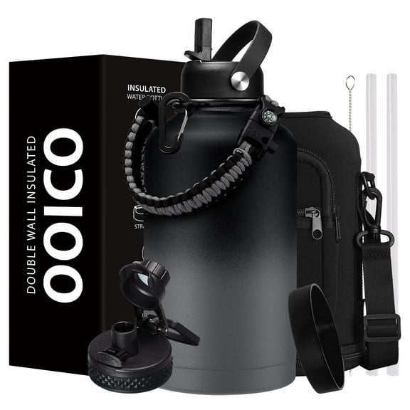 Half Gallon Insulated Water Bottle - with Straw & Spout Lid, Paracord Handle & Carrier Bag, Protective Cup Mat, Cold 48H Hot 24H, 64oz Stainless Steel Water Jug