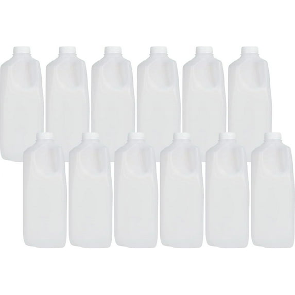 Half Gallon Jugs Bottles (12 PACK x 64 Oz Ea) with Tamper Evident White Caps – Great for Homemade Juices, Milk, Smoothies, Tea and Other Beverages - Food Grade BPA Free