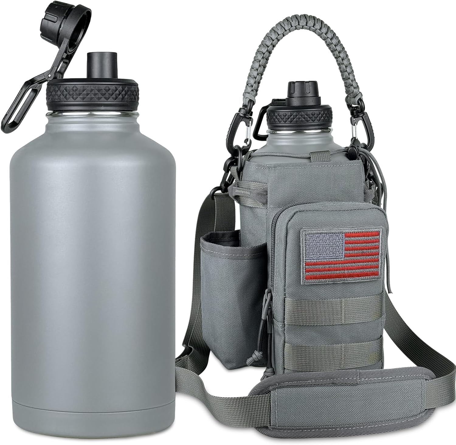Half Gallon Water Bottle Insulated with Sleeve-64 oz Stainless Steel Water Jug with Strap Paracord Handle Metal Sport GYM Water Bottles for Men Women Hunting Hiking Travel Biking Camo CP