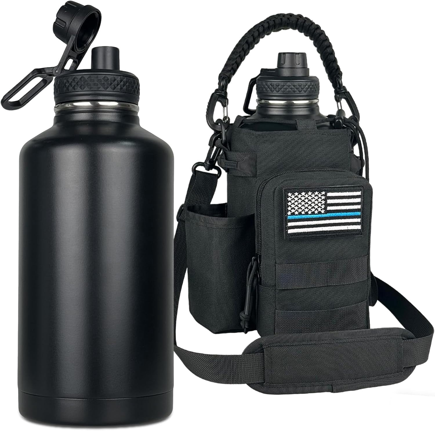 Half Gallon Water Bottle Insulated with Sleeve-64 oz Stainless Steel Water Jug with Strap Paracord Handle Metal Sport GYM Water Bottles for Men Women Hunting Hiking Travel Biking Camo CP