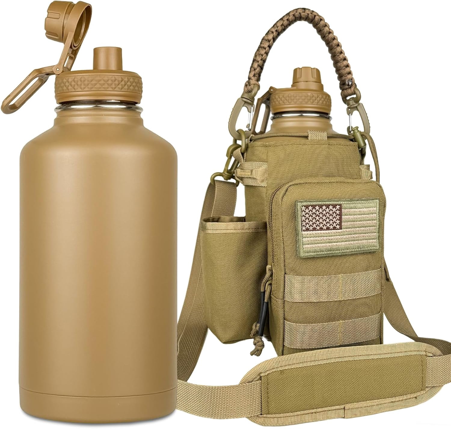 Half Gallon Water Bottle Insulated with Sleeve-64 oz Stainless Steel Water Jug with Strap Paracord Handle Metal Sport GYM Water Bottles for Men Women Hunting Hiking Travel Biking Camo CP
