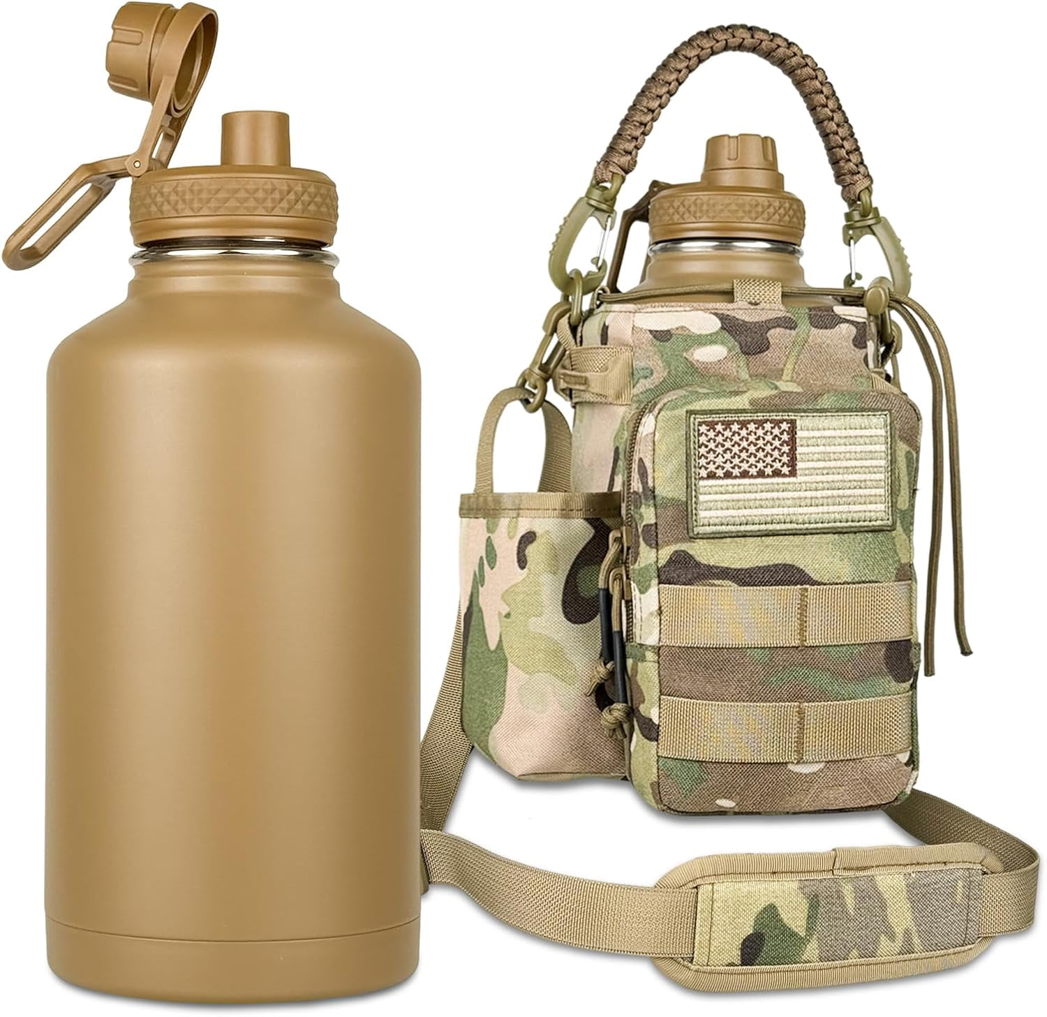 Half Gallon Water Bottle Insulated with Sleeve-64 oz Stainless Steel Water Jug with Strap Paracord Handle Metal Sport GYM Water Bottles for Men Women Hunting Hiking Travel Biking Camo CP