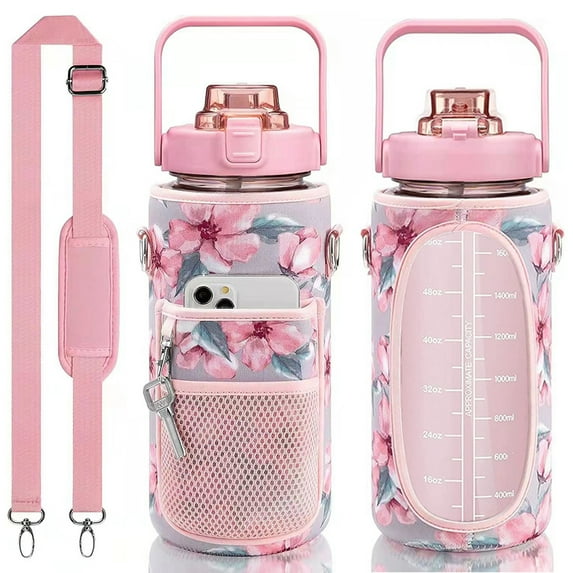 Half Gallon Water Bottle with Sleeve,64 OZ Motivational Water Bottle with Straw & Time Marker to Drink,Leakproof Tritan BPA Free,Men Women for Gym Workout(Pink)