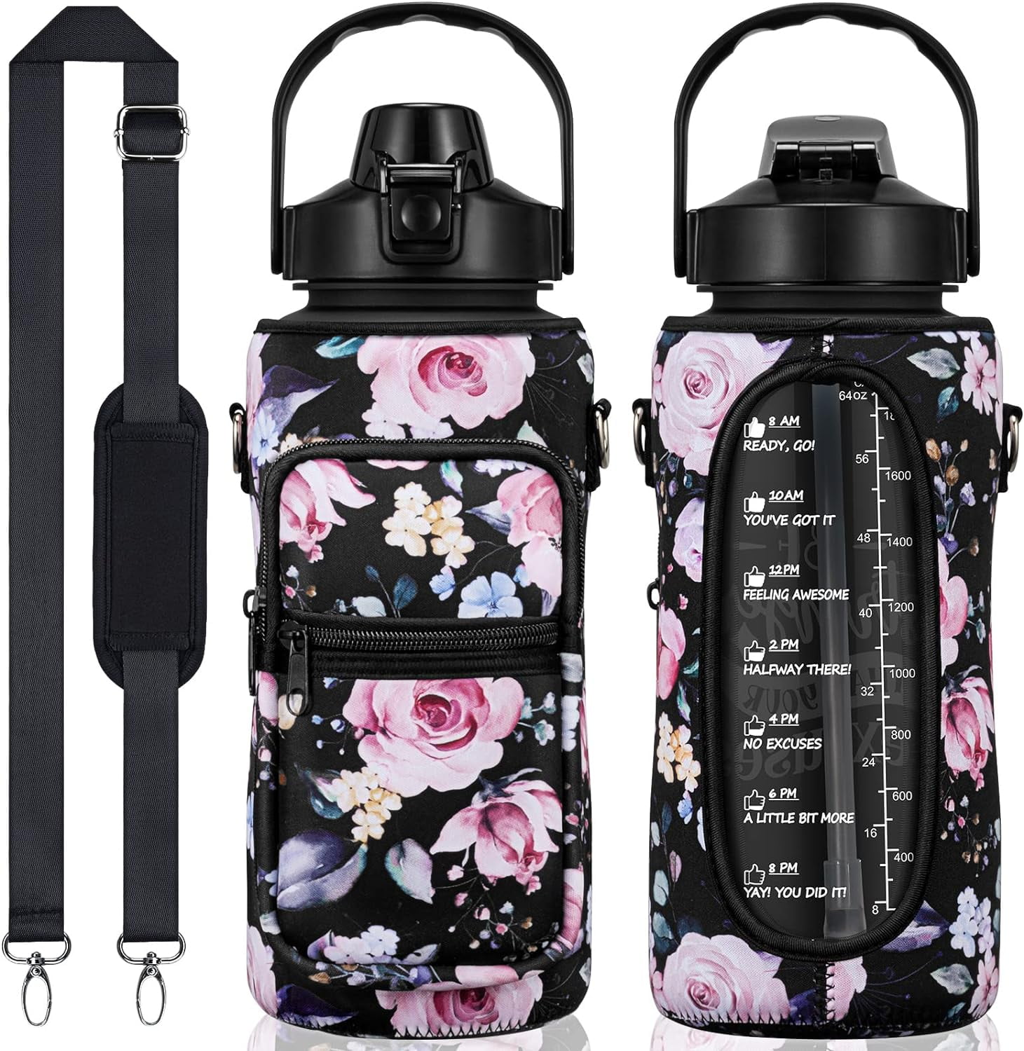 Half Gallon Water Bottle with Sleeve 64 OZ Water Bottle with Straw & Time Marker to Drink Leakproof Motivational Water Jug with Insulated Holder for Women Men Workout Gym Sport
