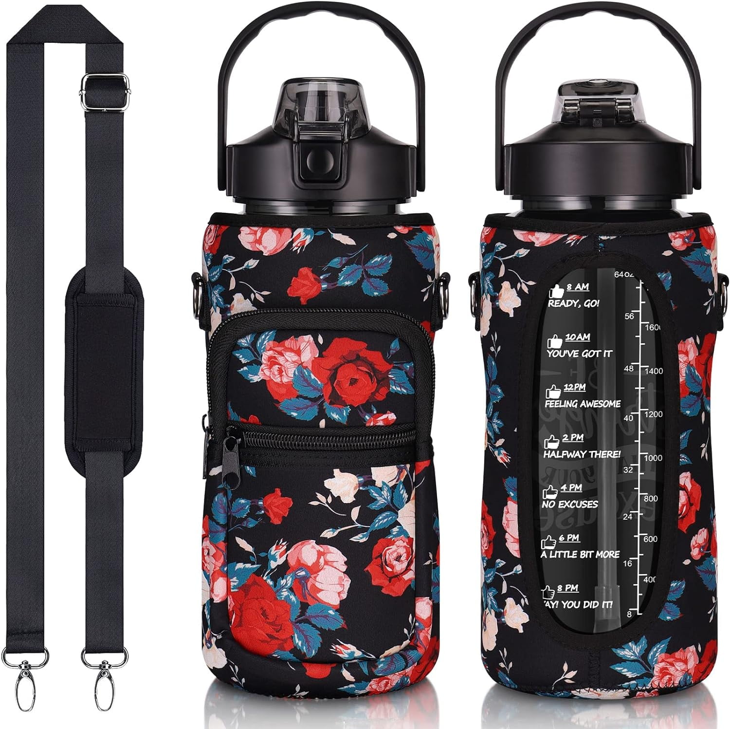 Half Gallon Water Bottle with Sleeve 64 OZ Water Bottle with Straw & Time Marker to Drink Leakproof Motivational Water Jug with Insulated Holder for Women Men Workout Gym Sport