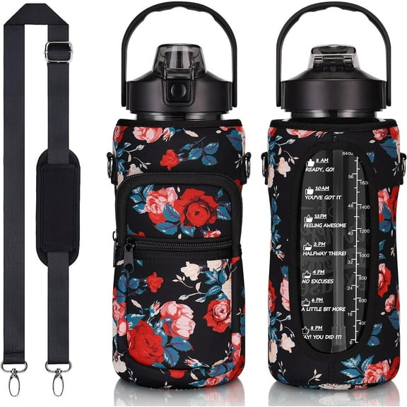 Half Gallon Water Bottle with Sleeve 64 OZ Water Bottle with Straw & Time Marker to Drink Leakproof Motivational Water Jug with Insulated Holder for Women Men Workout Gym Sport