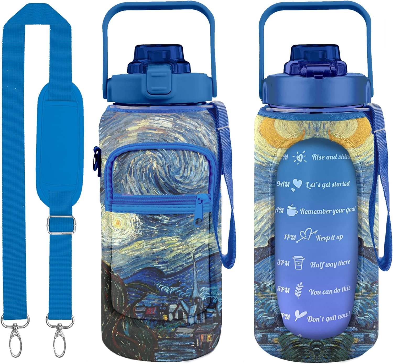 Half Gallon Water Bottle with Sleeve Water Bottle 64 Oz Water Bottle with Time Marker, 1/2 Gallon Water Bottles Half Gallon Water Bottle with Straw and Gym Yoga 1/2 Gallon Water Jug for Women Starsky