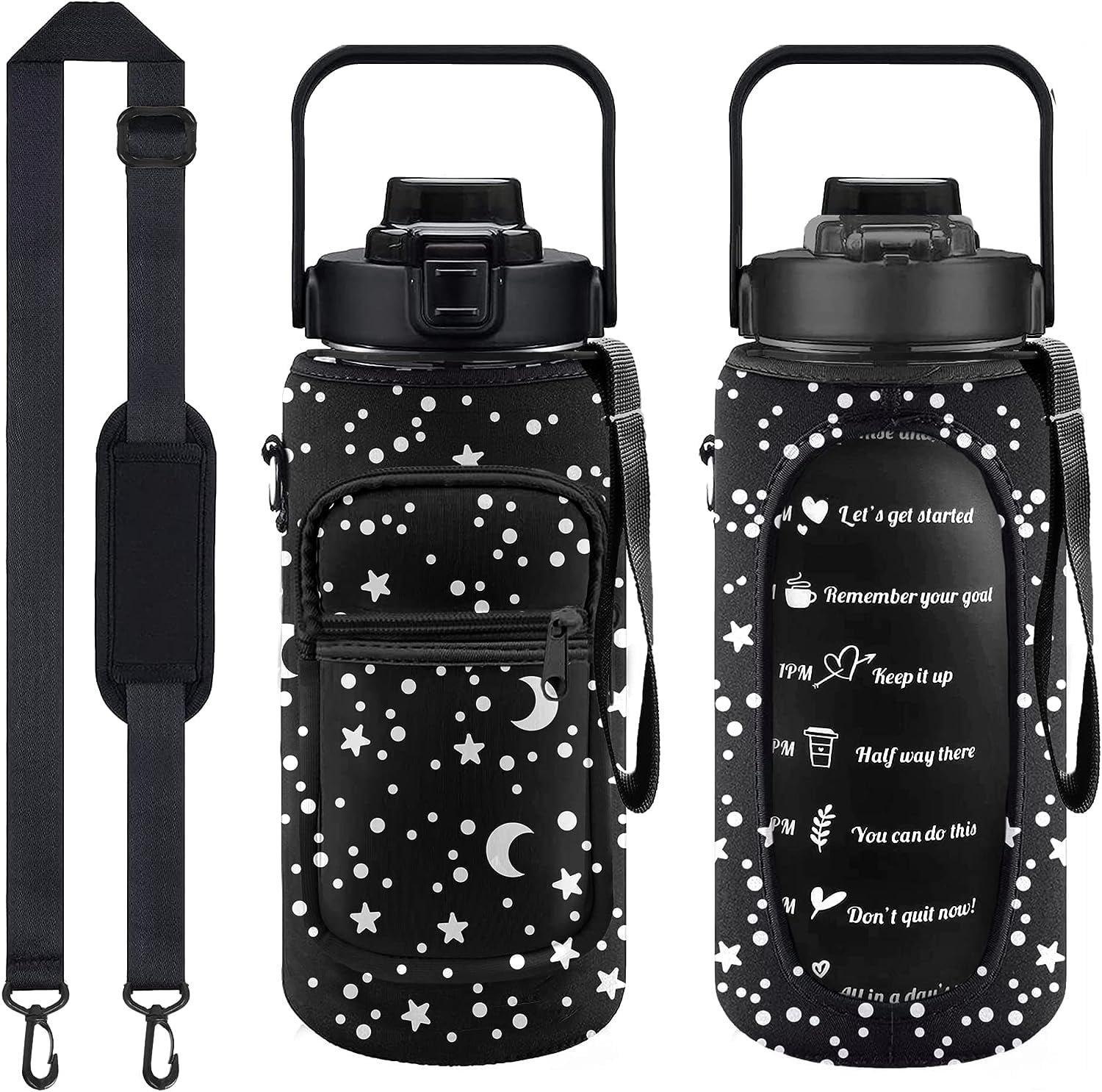Half Gallon Water Bottle with Sleeve 64 Oz Water Bottle with Time Marker, 1/2 Gallon Water Bottles Half Gallon with Straw and Gym Yoga Water Jug for Women Star-Moon