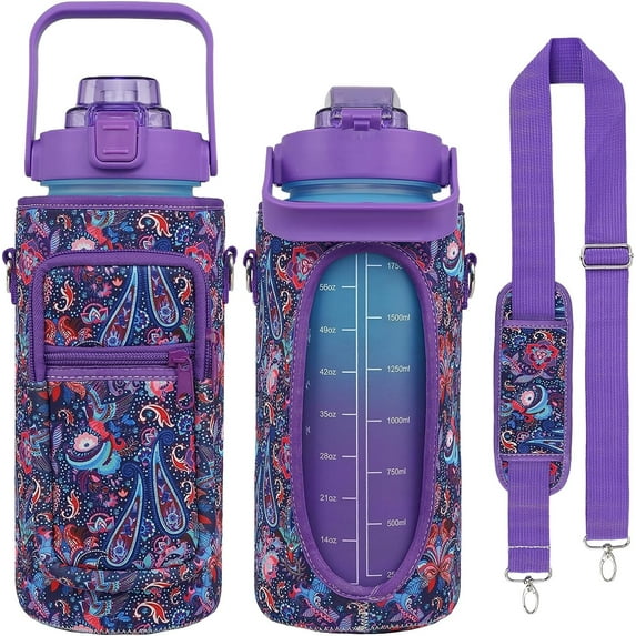 Half Gallon Water Bottle with Sleeve BPA Free 64 oz Water Jug with Straw and Time Marker, Motivational Gym Workout Pregnancy Water Bottles Gifts for Women