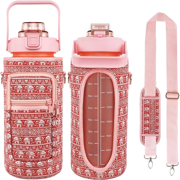 Half Gallon Water Bottle with Sleeve BPA Free 64 oz Water Jug with Straw and Time Marker, Motivational Gym Workout Pregnancy Water Bottles Gifts for Women