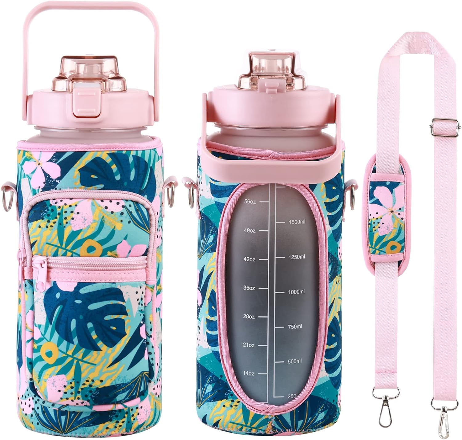 Half Gallon Water Bottle with Sleeve & Strap 64 OZ Motivational Water Bottles with Straw Large Wide Mouth Water Jug with Time Marker for Fitness, Gym and Outdoor Sports, Leak-proof & BPA Free