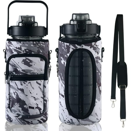Half Gallon Water Bottle with Sleeve & Strap 64 OZ Motivational Water Bottles with Straw Large Wide Mouth Water Jug with Time Marker for Fitness, Gym and Outdoor Sports, Leak-proof & BPA Free