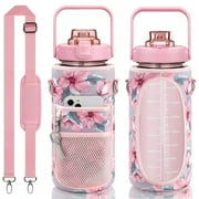 Half Gallon Water Bottle with Sleeve & Strap 64 OZ Water Bottle Motivational with Straw & Time Marker to Drink Leakproof Tritan BPA Free Workout Gym Sport Water Jug Women Men with Neoprene Holder