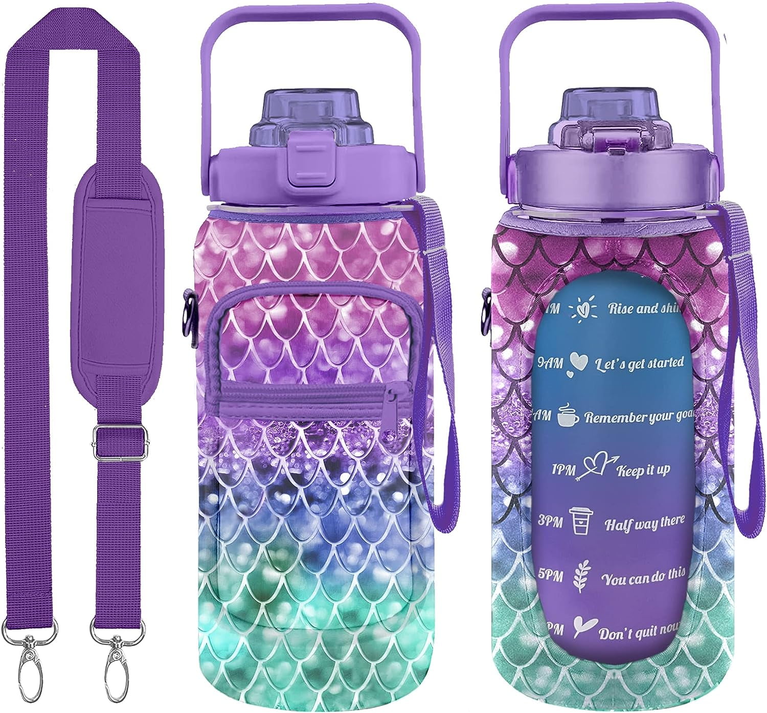 Half Gallon Water Bottle with Sleeve Water Bottle 64 Oz Water Bottle with Time Marker, 1/2 Gallon Water Bottles Half Gallon Water Bottle with Straw and Gym Yoga 1/2 Gallon Water Jug for Women Mermaid