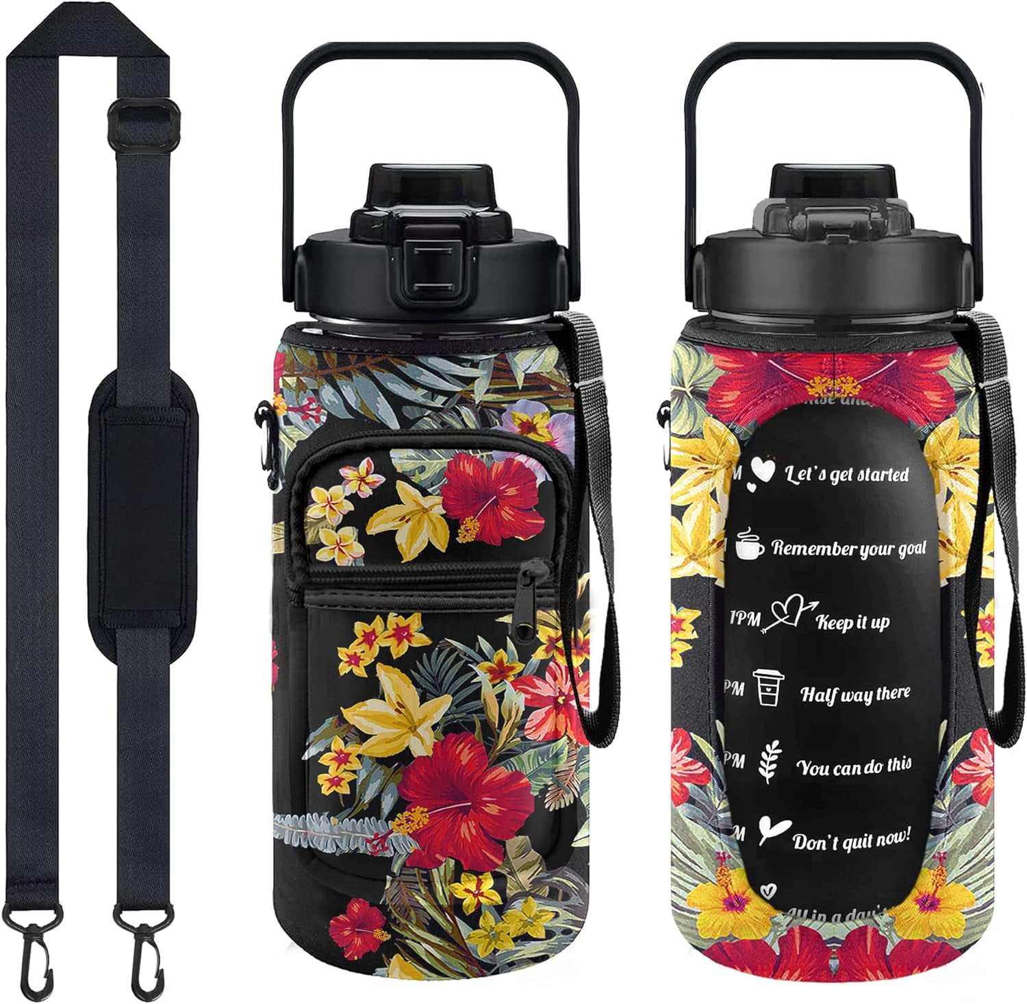 Half Gallon Water Bottle with Sleeve Water Bottle 64 Oz Water Bottle with Time Marker, 1/2 Gallon Water Bottles Half Gallon Water Bottle with Straw and Gym Yoga 1/2 Gallon Water Jug for Women Flowers