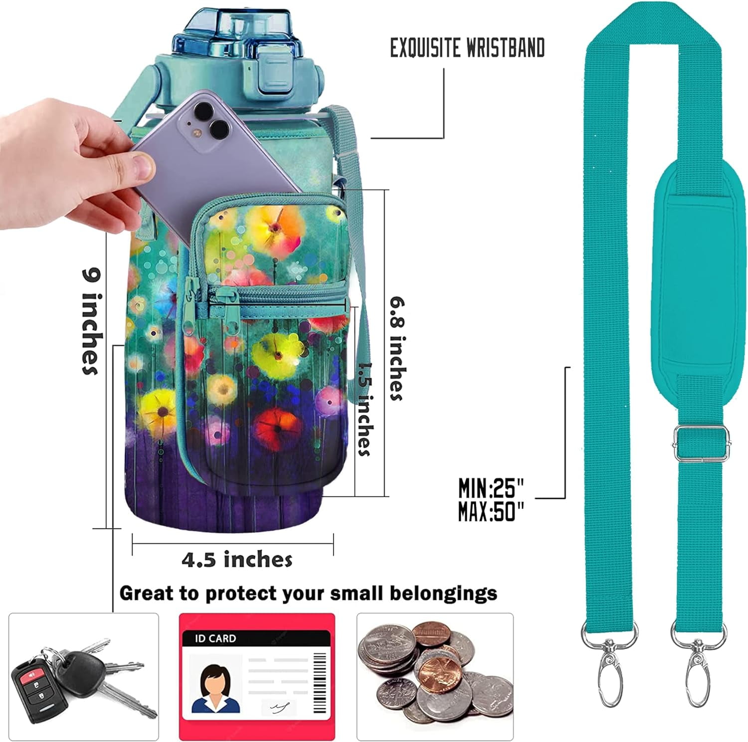 Half Gallon Water Bottle with Sleeve Water Bottle 64 Oz Water Bottle with Time Marker, 1/2 Gallon Water Bottles Half Gallon Water Bottle with Straw and Gym Yoga 1/2 Gallon Water Jug for Women Floral