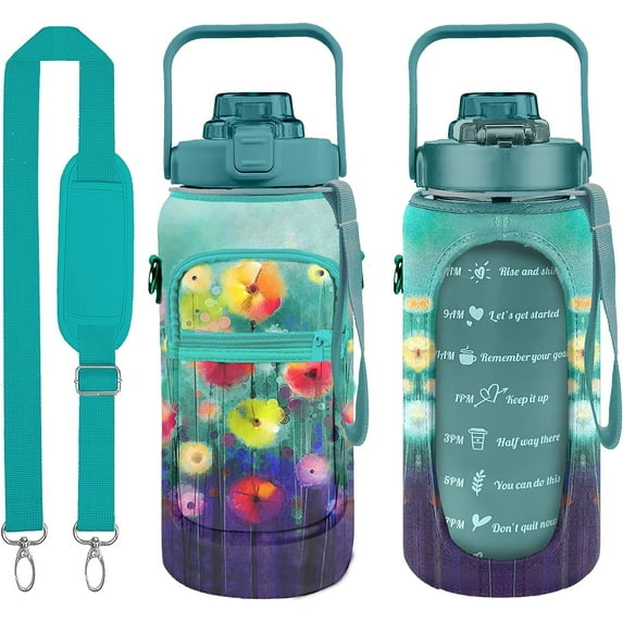 Half Gallon Water Bottle with Sleeve Water Bottle 64 Oz Water Bottle with Time Marker, 1/2 Gallon Water Bottles Half Gallon Water Bottle with Straw and Gym Yoga 1/2 Gallon Water Jug for Women Floral