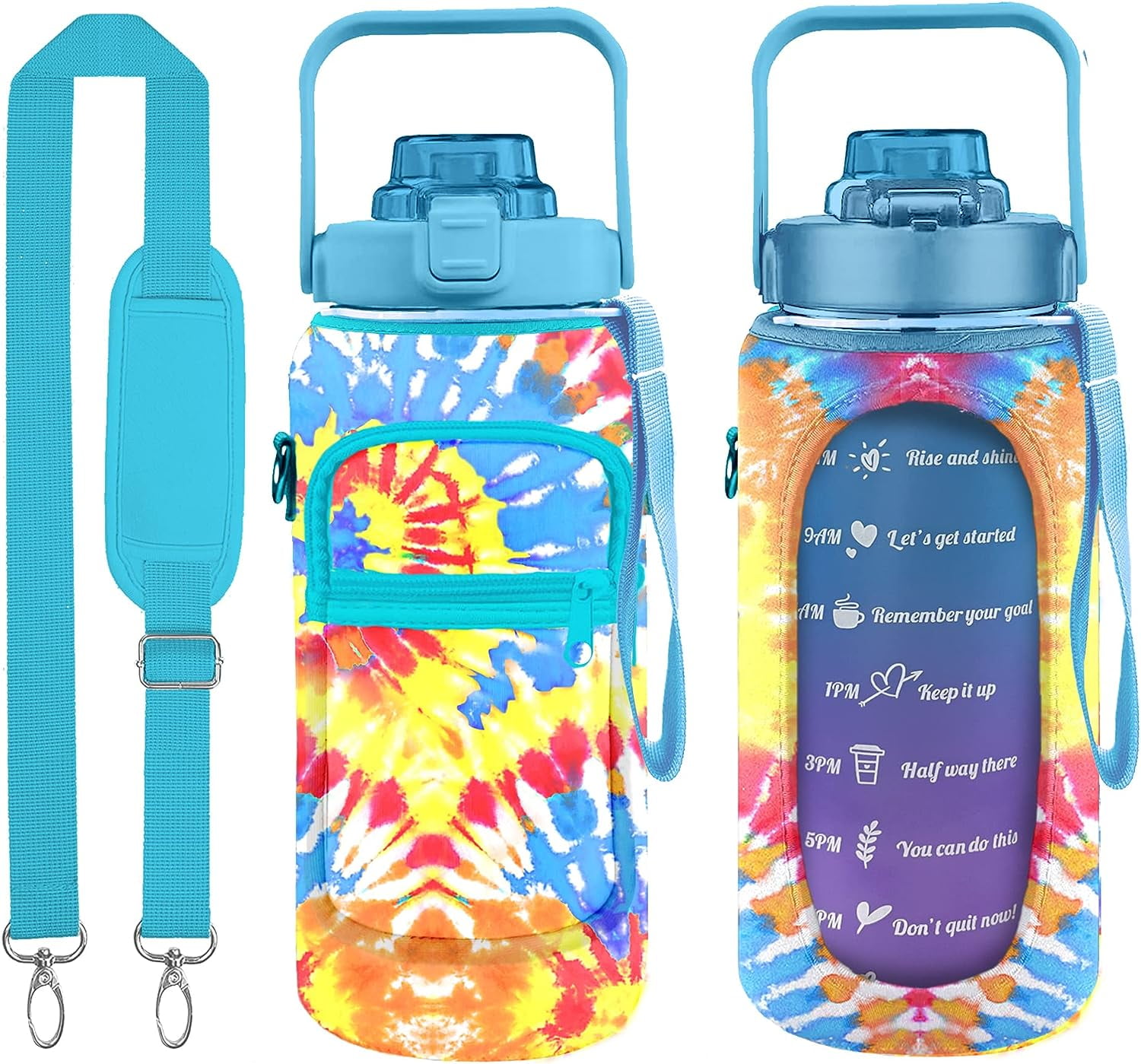 Half Gallon Water Bottle with Sleeve Water Bottle 64 Oz Water Bottle with Time Marker, 1/2 Gallon Water Bottles Half Gallon Water Bottle with Straw and Gym Yoga 1/2 Gallon Water Jug for Women Tie-dye