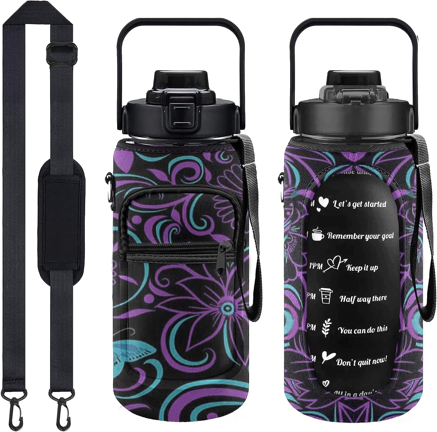Half Gallon Water Bottle with Sleeve Water Bottle 64 Oz Water Bottle with Time Marker, 1/2 Gallon Water Bottles Half Gallon Water Bottle with Straw and Gym Yoga 1/2 Gallon Water Jug for Women Vintage