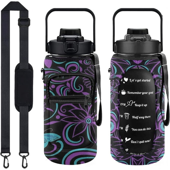 Half Gallon Water Bottle with Sleeve Water Bottle 64 Oz Water Bottle with Time Marker, 1/2 Gallon Water Bottles Half Gallon Water Bottle with Straw and Gym Yoga 1/2 Gallon Water Jug for Women Vintage