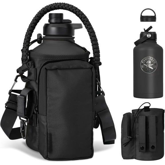 Half Gallon Water Bottle with Straw - 64 oz Stainless Steel Insulated Water Jug, Bottle with 3 , Paracord Handle, Strap, Molle System for Outdoor Gym Hiking - Black
