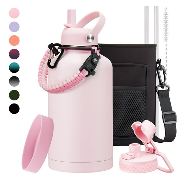 Half Gallon Water Bottle with Straw - Chug Lid, Paracord Handle, Silicone Boot, Keep Ice Cold-48H, Metal Insulated Flask Sports Water Bottle 64 oz for Women