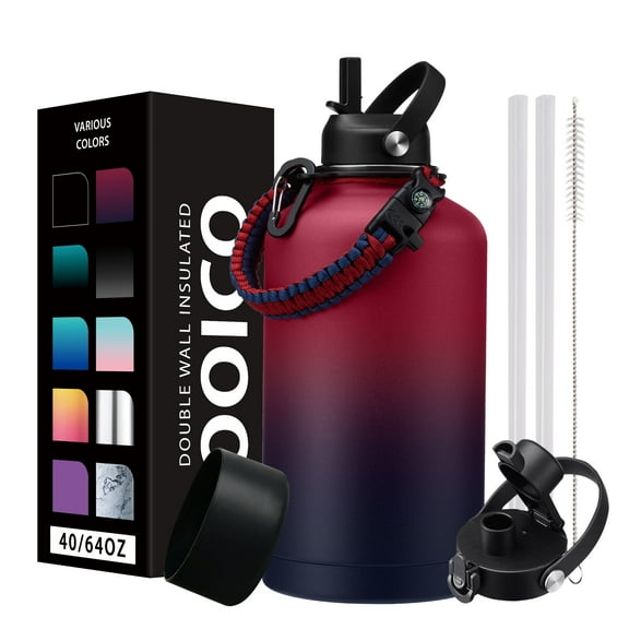 Half Gallon Water Bottle with Straw & Spout Lid,Paracord Handle,Flask Boot,64oz Insulated Water Bottles Stainless Steel,Leak-proof Large Sports Water Jug Cold-48H & Hot-24H