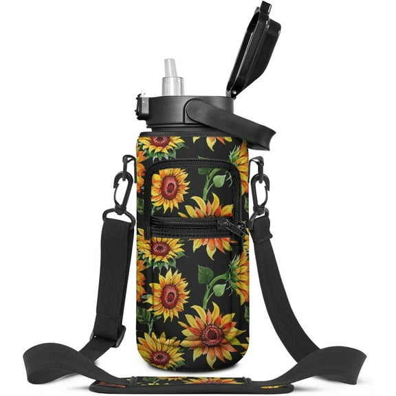 Half Gallon Water Bottle,Sunflower Water Bottle with Sleeve and Removable Straw for Daily Hydration Sports Gym Workout Outdoor 2.2 L (64 Ounce)